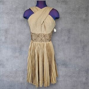 NWT Vintage Handmade Metallic Gold Pleated Cocktail Dress Size‎ Medium Women's